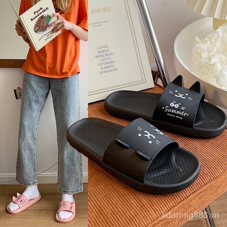 Summer NewinsCute Cat Ears Cartoon Slippers Women's Casual Non-Slip Interior Home Bath Sandals 1ym5