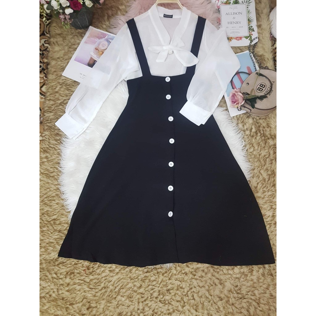 Sét đầm yếm kết hợp áo voan tay dài cổ cột nơ siêu xinh - MM.B557