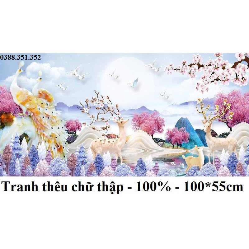 (HÀNG MỚI) Tranh thêu chữ thập hươu tài lộc thêu kín