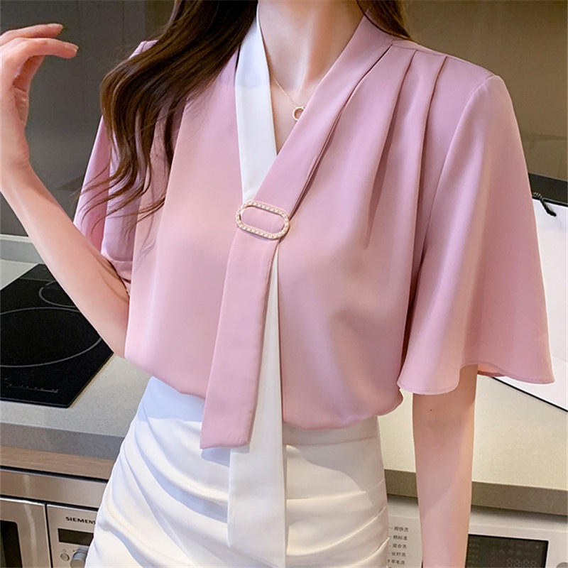 Áo Sơ Mi Chiffon Trắng Tay Ngắn Cổ Chữ V Thiết Kế Dáng Rộng Thời Trang Công Sở Cho Nữ Mới