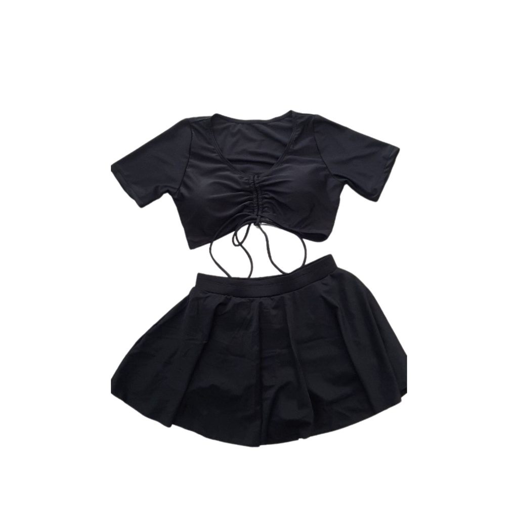 Đồ Bơi Nữ Bikini LANBISHOP Hai Mảnh Áo Tay Ngắn Rút Ngực Chân Váy Rút Dễ Thương 004