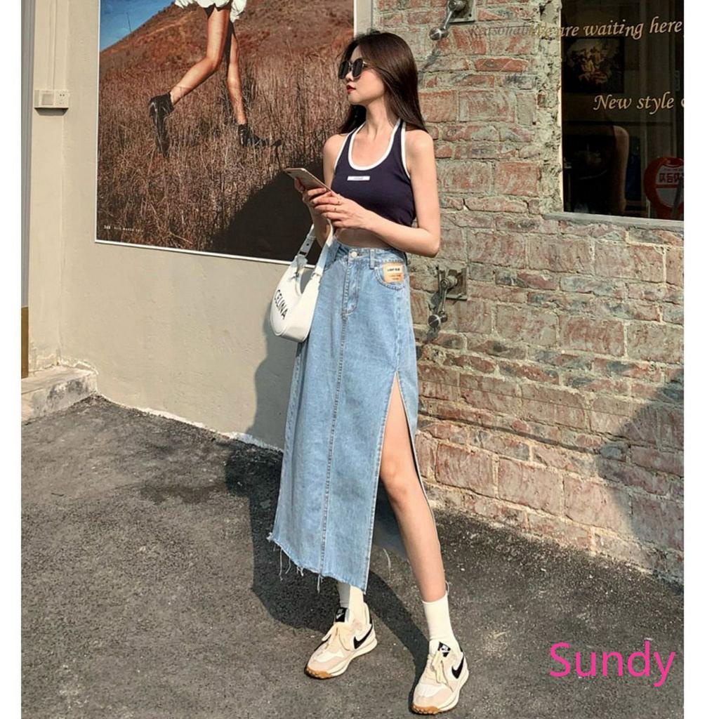 Chân váy jean chữ A lưng cao xẻ tà thời trang mùa hè dành cho nữ