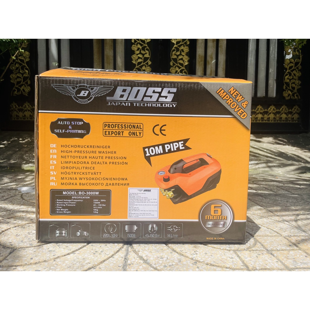 Máy rửa xe chỉnh áp BOSS công suất 3000W dùng xịt rửa xe, vệ sinh máy lạnh | Model BO-3000W| Bảo hành 12T