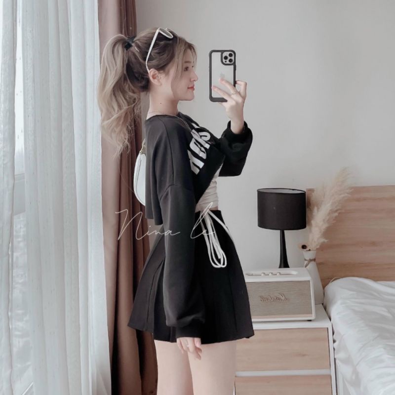 Sét áo cặp  RÚT DÂY 2 bên croptop in chữ ROCKMO