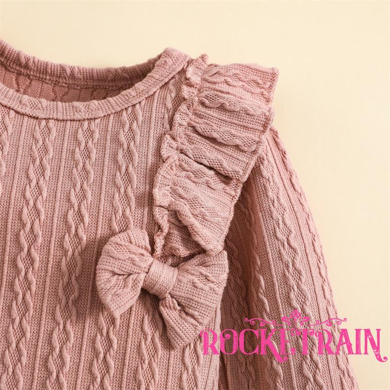 Set Đồ 3 Món Gồm Áo Liền Thân Tay Dài Cổ Tròn Đính Nơ Màu Sắc Trơn + Quần Dài + Băng Đô Cài Tóc Cho Bé Gái