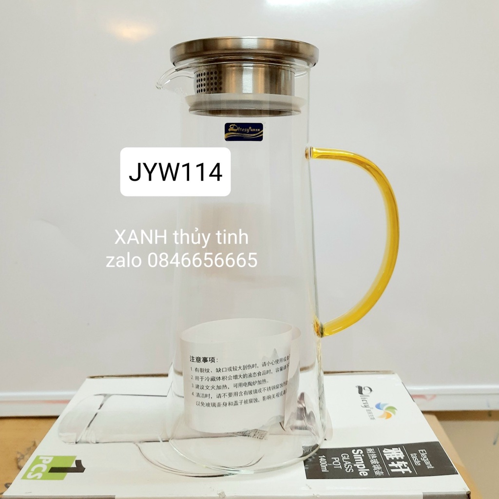 Bình thủy tinh quai vàng, nắp inox 1400ml - mã JYW114