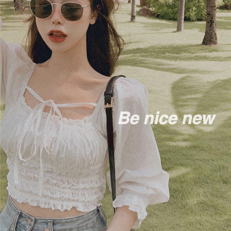 Women's Sweet Korean Slim Sexy Navel Bubble Long Sleeve Chiffon Shirt | BigBuy360 - bigbuy360.vn