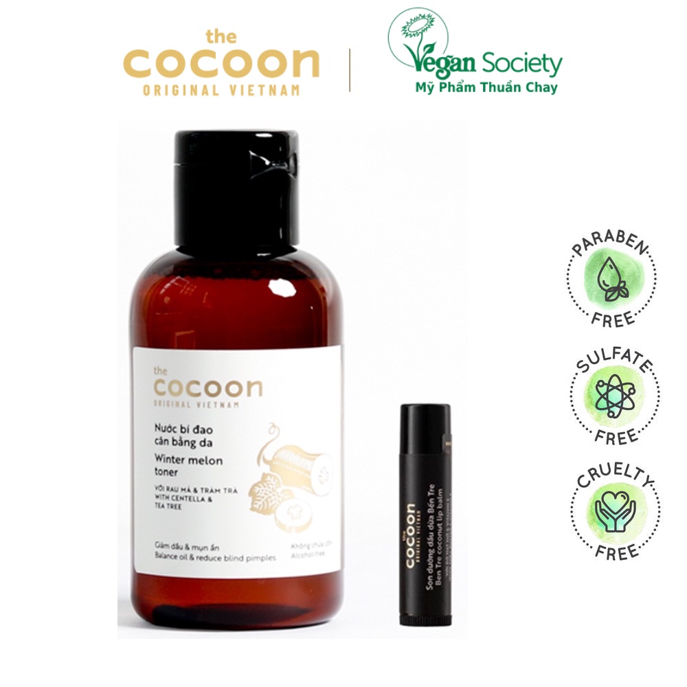 Combo Toner Nước bí đao cân bằng da Cocoon 140ml + Son dưỡng dầu dừa Bến Tre cocoon 5g - Vegan Society