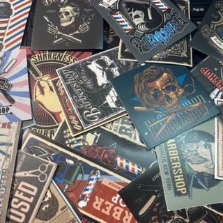 set 50 stickers chống thấm nước chủ đề baber trang trí quán cắt tóc nón bảo hiểm va li laptop