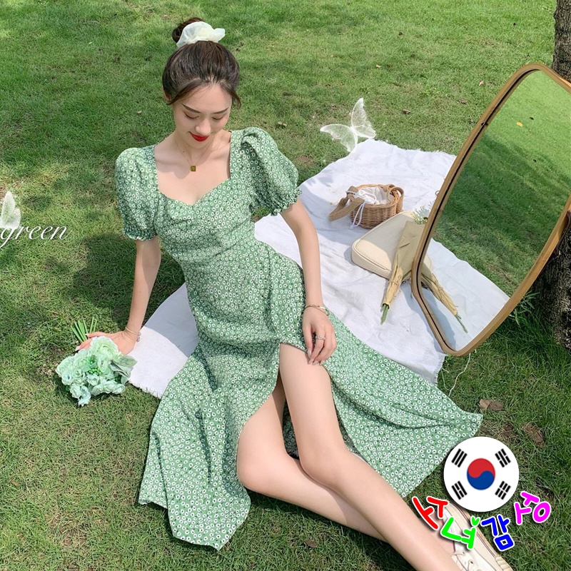 Đầm Cổ Vuông Tay Phồng Xẻ Tà In Họa Tiết Hoa Phong Cách Hàn Quốc Thời Trang Mùa Hè Mới Cho Nữ