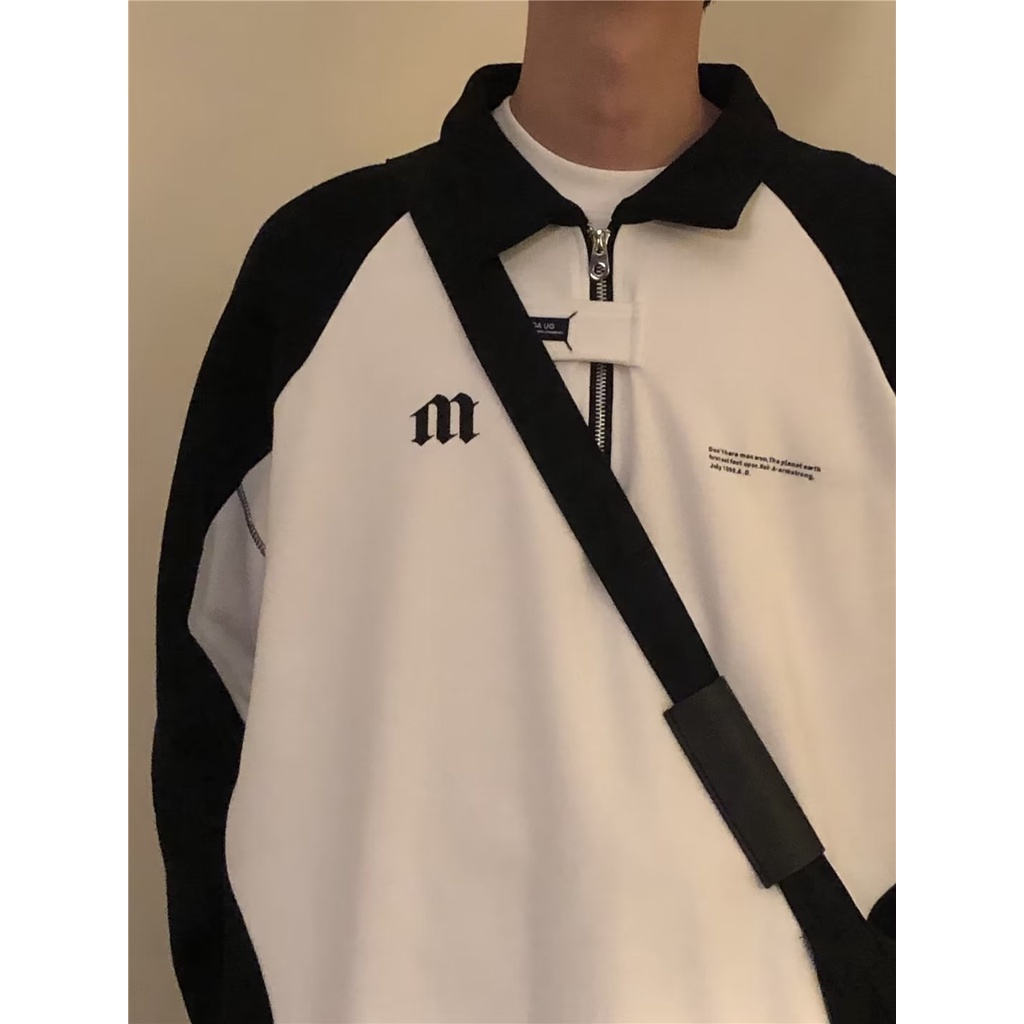 Áo Sweater POLO Dáng Rộng Tay Dài Cổ Đứng Phối Màu Trắng Đen Tương Phản Thời Trang Cho Nam