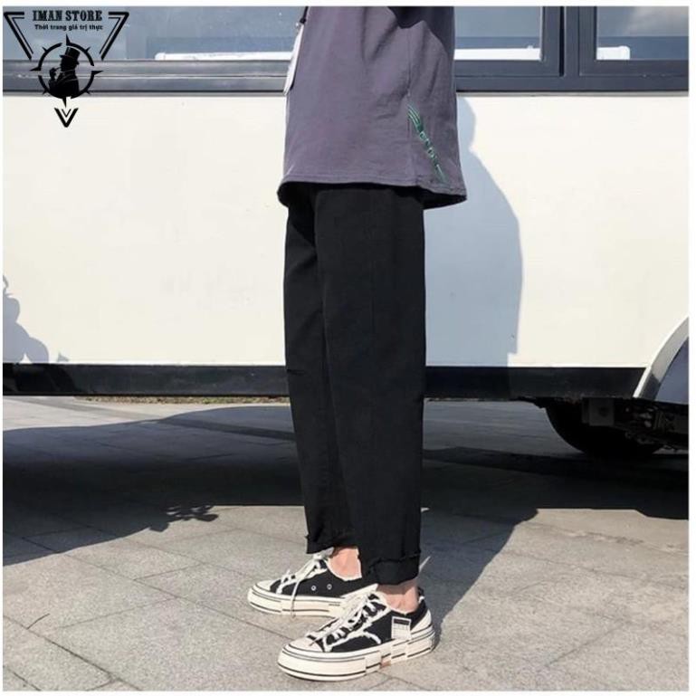 Quần jean, jeans,quần bò đen, baggy, nam,nữ, rách Gấu + Rách 1 gối IMAN RĐ-01 hottrend 2023