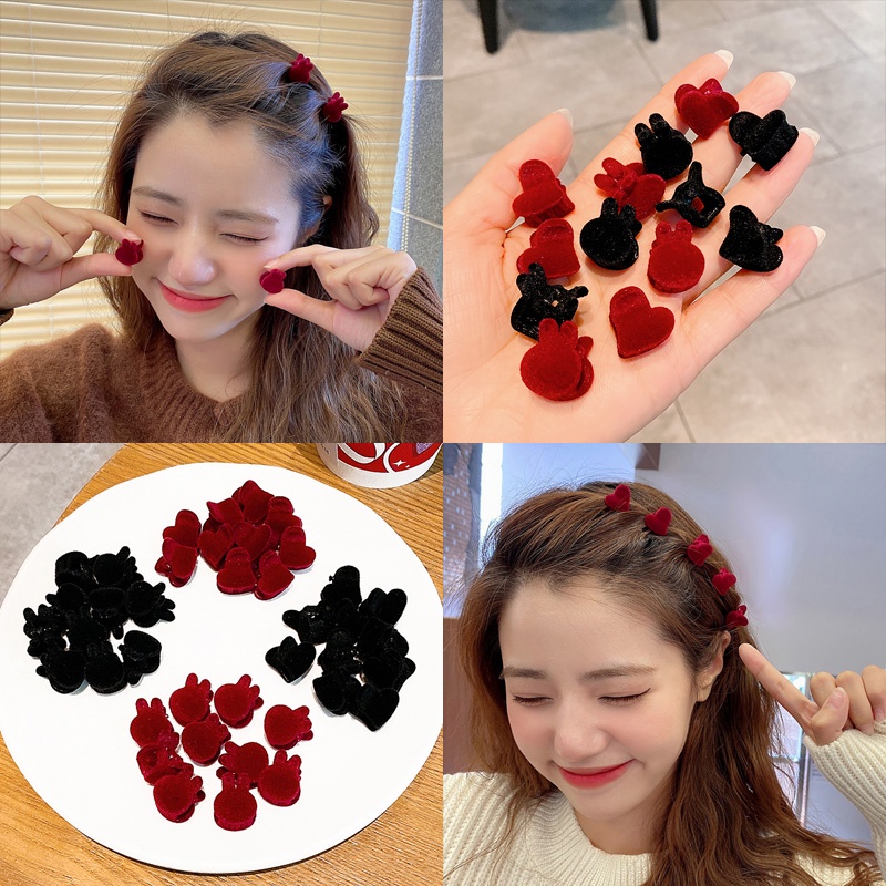 Combo 10 kẹp tóc mini phối nhung hình thỏ con/trái tim dễ thương: 10 cái