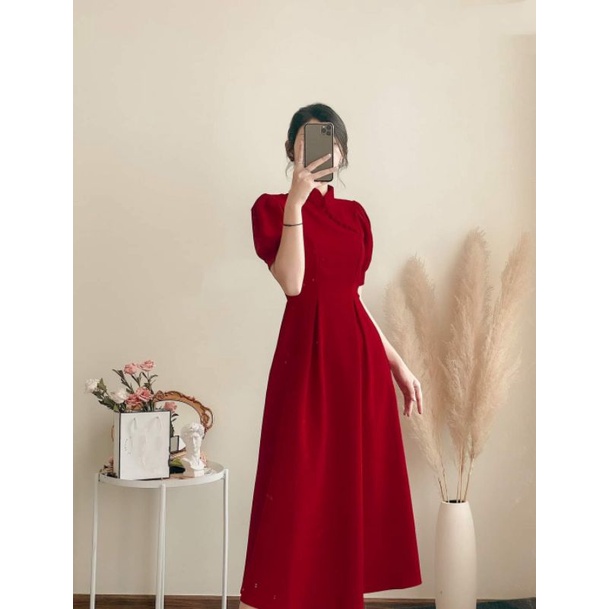 Đầm đỏ tay phồng nút bọc, đầm noel Tết đi chơi cực xinh xắn Rubi Dress