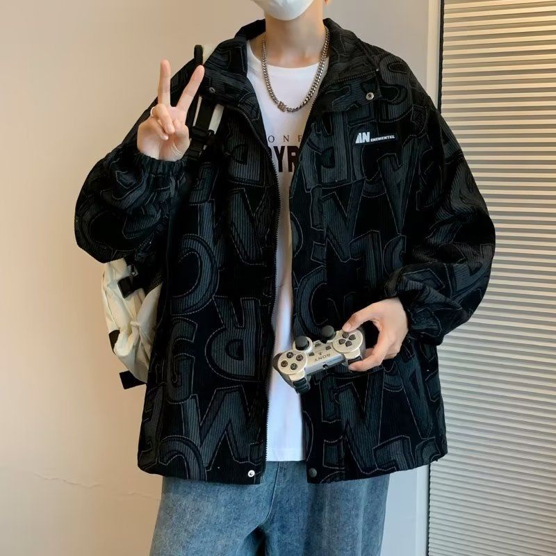 Áo Khoác Nhung Kẻ Dáng Rộng In Chữ Phong Cách Thời Trang Hàn Quốc Cho Nam Giới