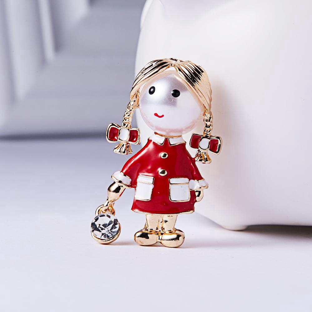 Ghim cài áo BELLA-BEE tráng men kiểu cô gái ngọc trai nhân tạo mặc đầm đỏ dễ thương làm quà tặng sinh nhật tiệc tùng