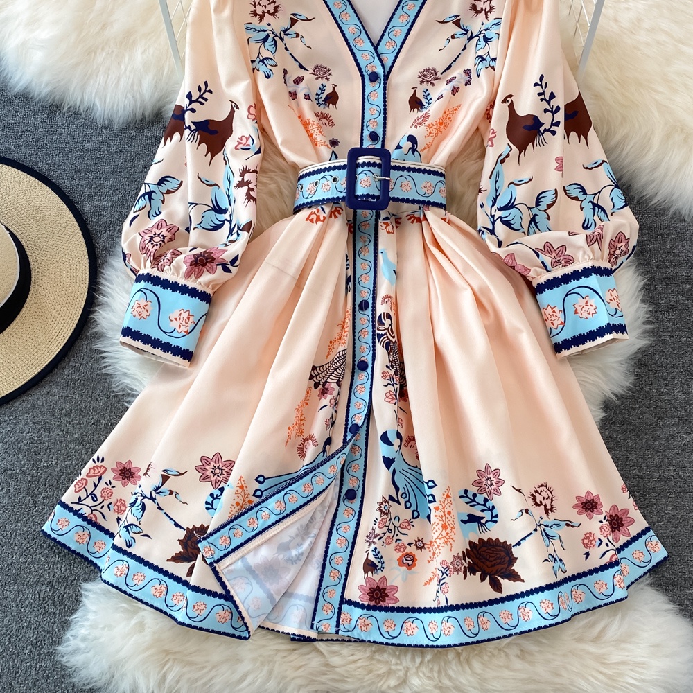#2005  Đầm tay dài phong cách retro họa tiết bắt mắt đủ size viền xanh kèm thắt lưng
