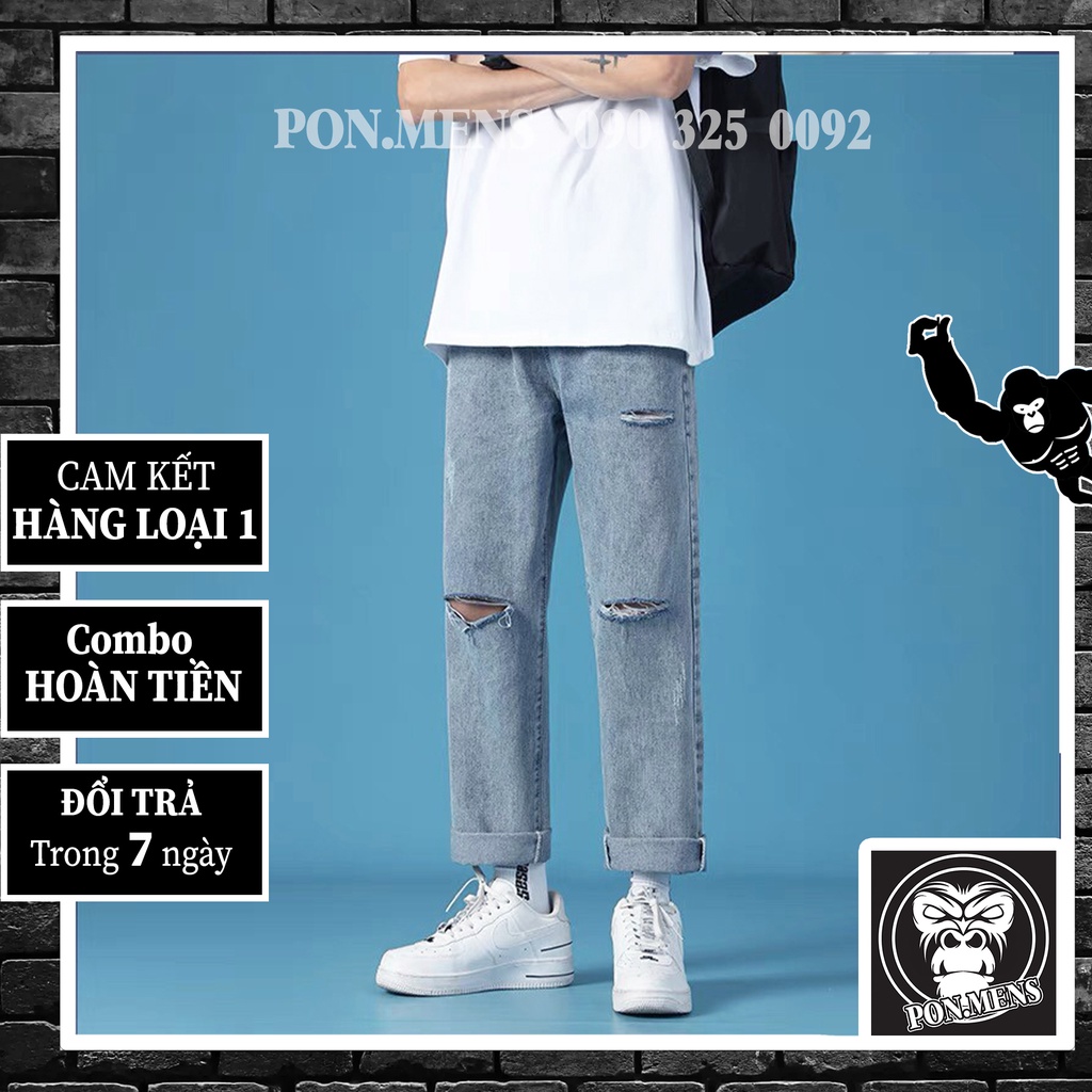 Quần jean ống rộng nam rách gối VNXK màu xanh 2021 040 Pon.mens | BigBuy360 - bigbuy360.vn