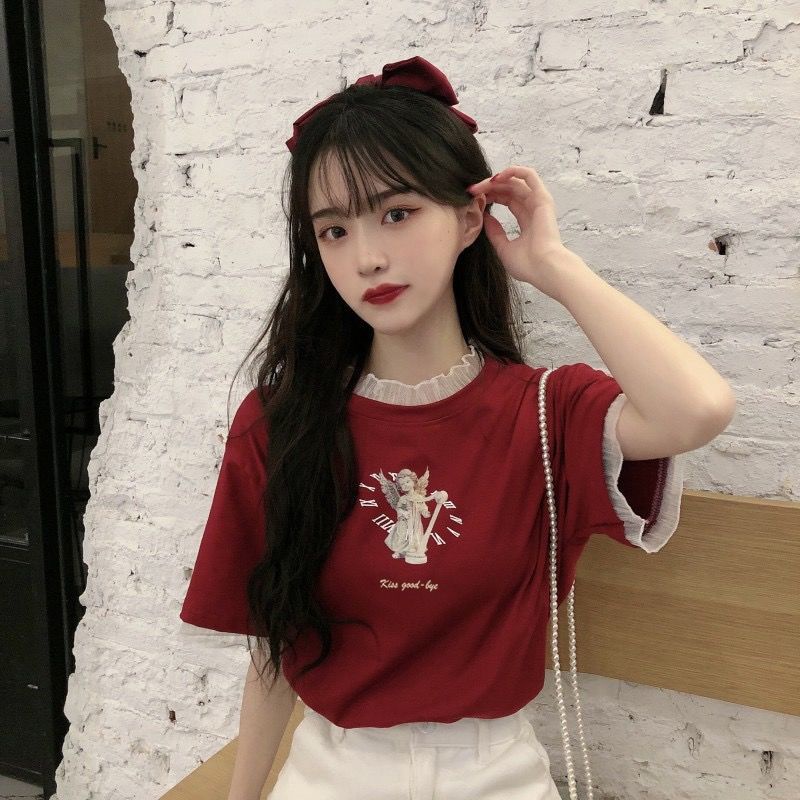 Áo Thun Tay Ngắn Dáng Rộng Phối Ren Thời Trang Mùa Hè Hàng Mới Phong Cách Hàn Quốc Cho Nữ