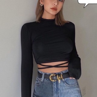 Áo thun croptop dài tay LACA STORE ôm body đan dây eo gân trơn mịn Freesize, áo crt cổ tròn buộc dây eo phong cách B11-1
