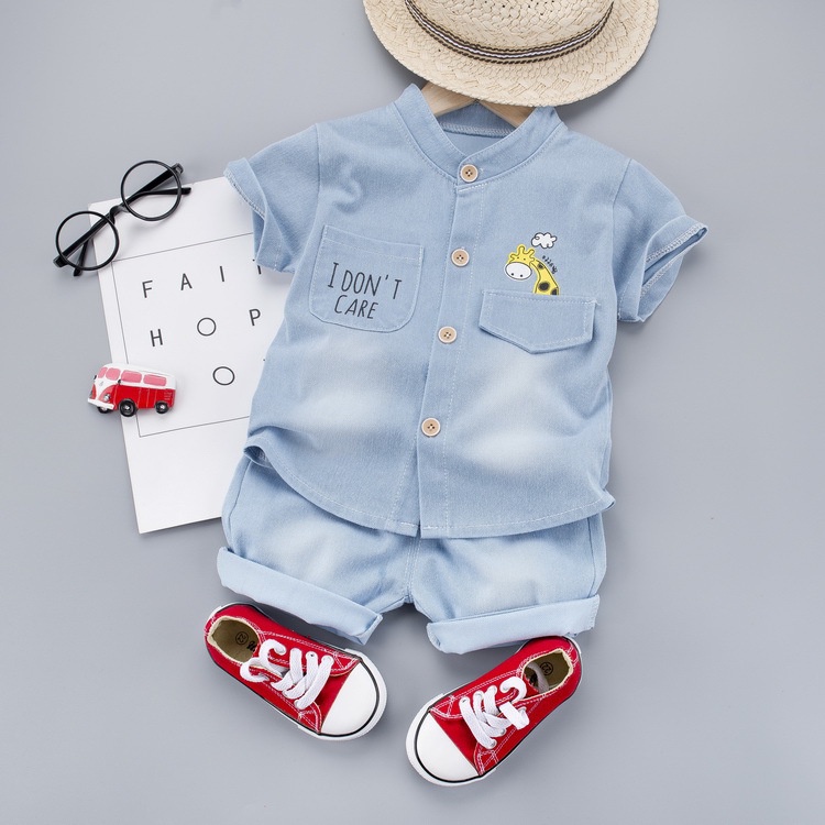 Bộ Đồ Thời Trang 2 Món Áo Sơ Mi Tay Ngắn Phối Quần short denim Thời Trang Cho Bé Trai 0-4 Tuổi