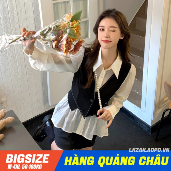 Áo sơ mi ⚡️𝐁𝐈𝐆𝐒𝐈𝐙𝐄⚡️ Áo kiểu nữ dáng ôm Giả Hai tay dài mùa xuân Phong cách Hàn Quốc Thời Trang sang chảnh cá tính xinh đẹp quảng châu cao cấp