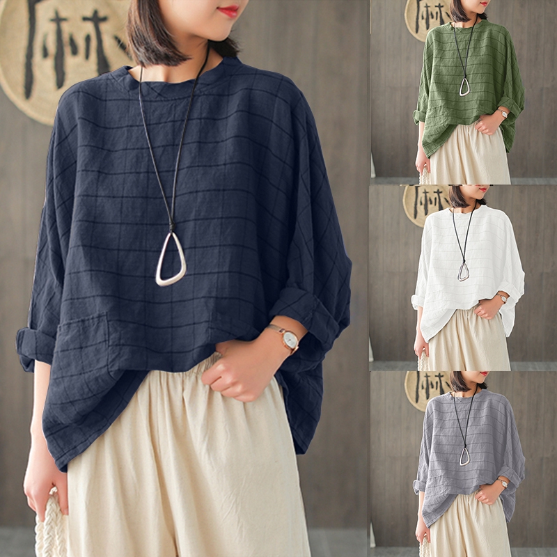 ZANZEA Áo Kiểu Tay Cánh Dơi Họa Tiết Caro Thời Trang Cho Nữ