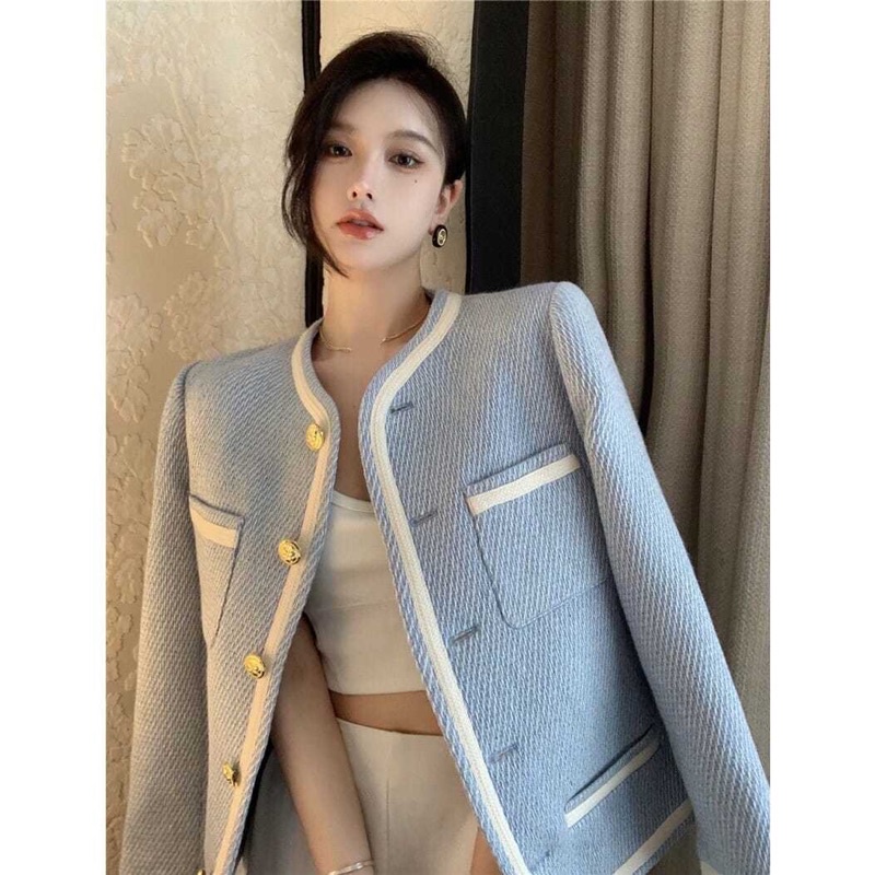 Áo khoác dạ Tweed xanh  viền trắng loại 1