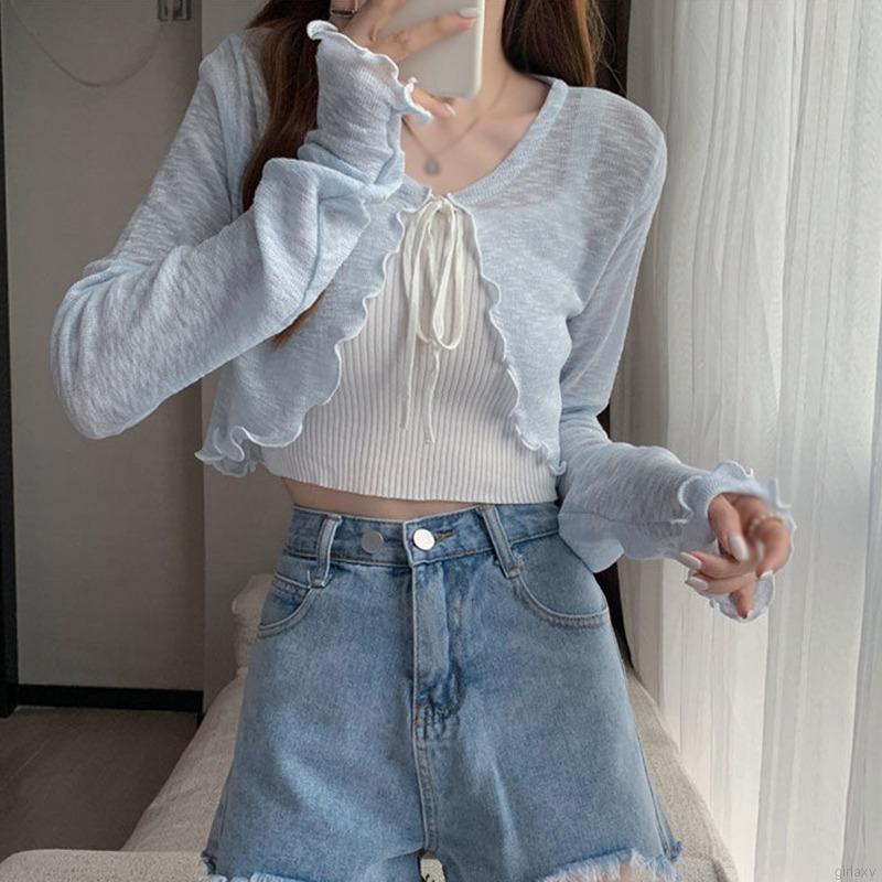 Áo Dệt Kim Mỏng Tay Dài Cột Dây Phong Cách Hàn Quốc Thời Trang Cho Nữ