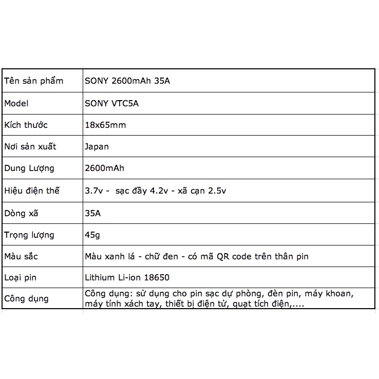 [P08] Pin sạc 18650 Japan SONY VTC5A xã cao 35A 2600mah dùng cho thiết bị cầm tay, quạt, laptop, khoan