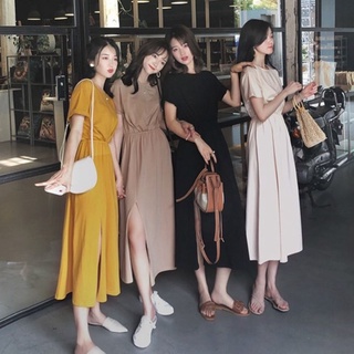 Đầm ngắn tay phong cách hàn quốc thời trang 172552 đầm dài xẻ tà nhấn eo phong cách thường ngày