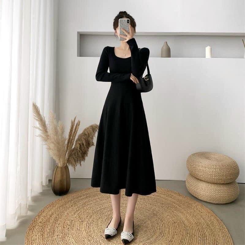 Váy len tăm cổ vuông tay dài hai màu đen da bò - Đầm len dáng suông cổ vuông dạo phố