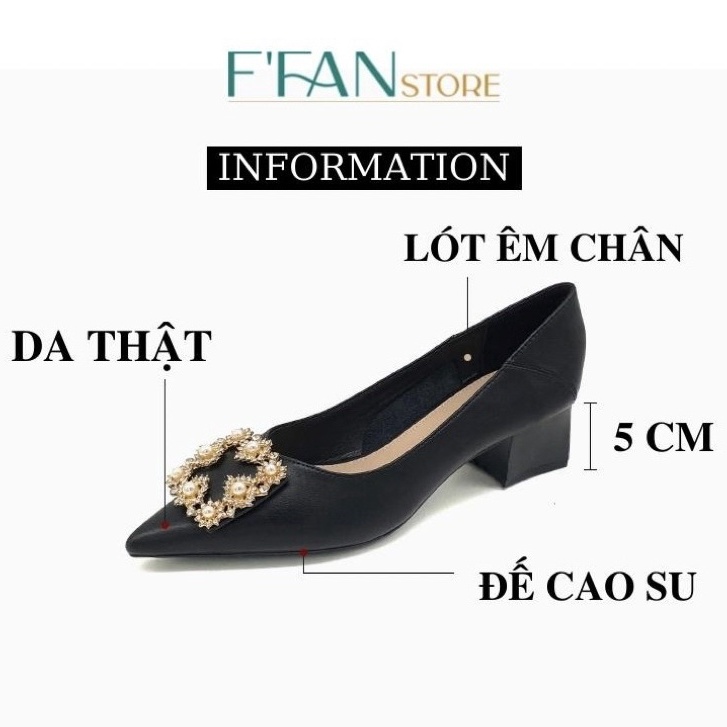 Giày nữ gót vuông mũi nhọn [da thật] mềm mại, cao gót bít mũi 5 phân đính đá a87, màu đen be trắng FFAN STORE