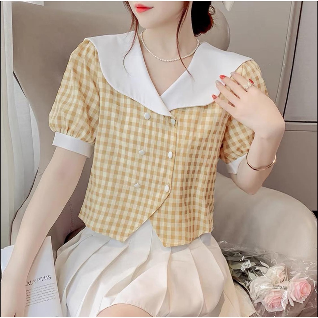 (KÈM ẢNH THẬT) Áo Sơ Mi Nữ Tay Ngắn Họa Tiết Caro Cổ bèo Trắng Thời Trang Phong Cách HÀN QUỐC cực tôn dáng (Shopvuasale)
