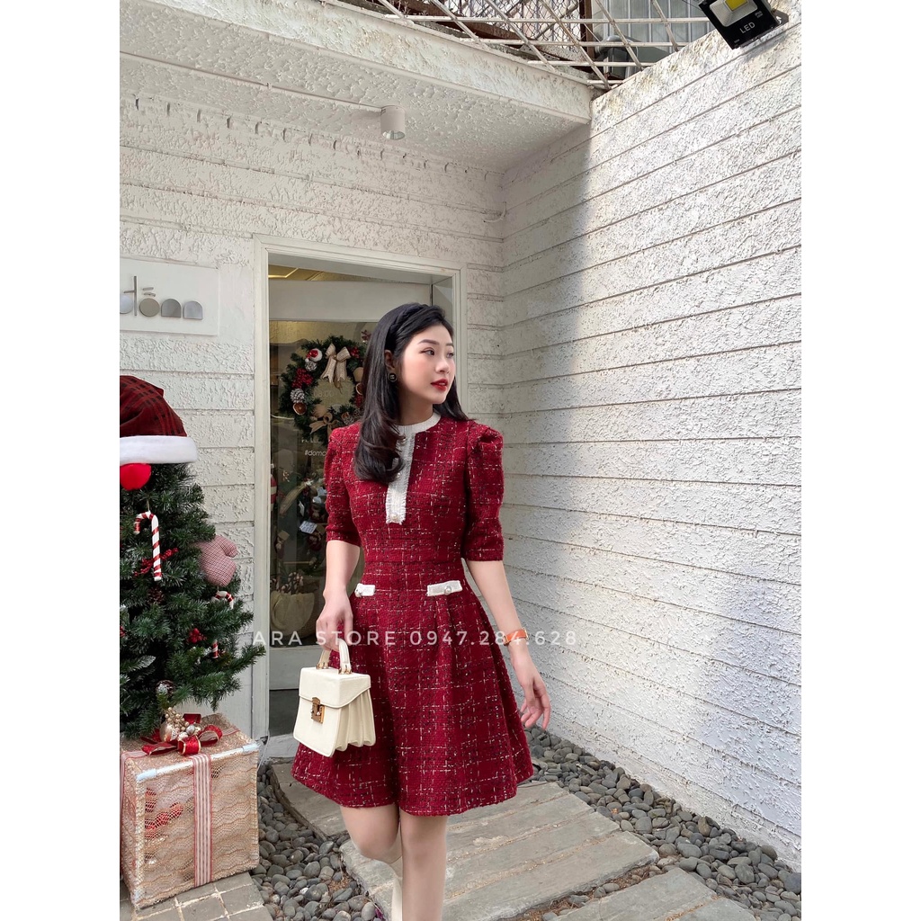 Váy đỏ dạ Tweet thiết kế cao cấp xòe cực tôn dáng Ara V7