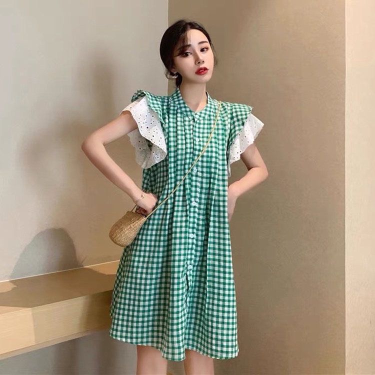 Đầm nữ babydoll caro xanh cổ tròn Váy tay cánh tiên phối ren cài nút siêu dễ thương