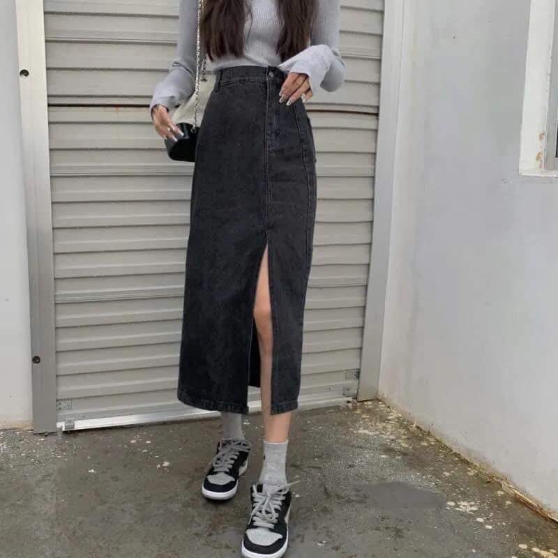 Chân váy denim jean bò nữ màu xanh đậm, đen xẻ tà cạp cao dáng suông phong cách Ulzzang Hàn Quốc loại 1 đủ size