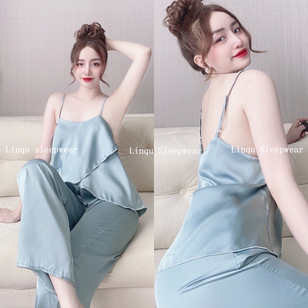Đồ ngủ sexy 2 dây - Đồ bộ chất lụa satin mặc nhà thoải mái Freesize dưới 58kg Linqu Sleepwear