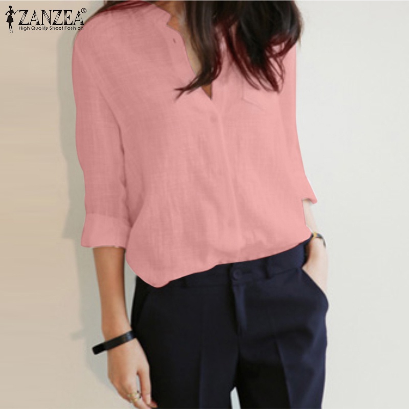 Áo sơ mi Zanzea tay dài cổ tròn màu trơn thời trang dành cho nữ