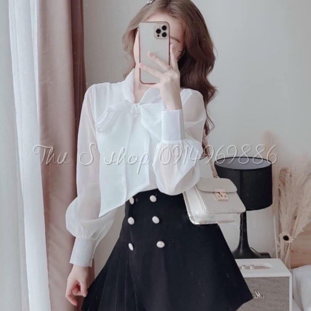 [Mã FAMARAL1 giảm 10K đơn 50K] Áo Sơ Mi Cổ Nơ Tơ Lụa Mềm THUS, Aó Kiểu Dài Tay Form rộng Tiểu Thư A2F4