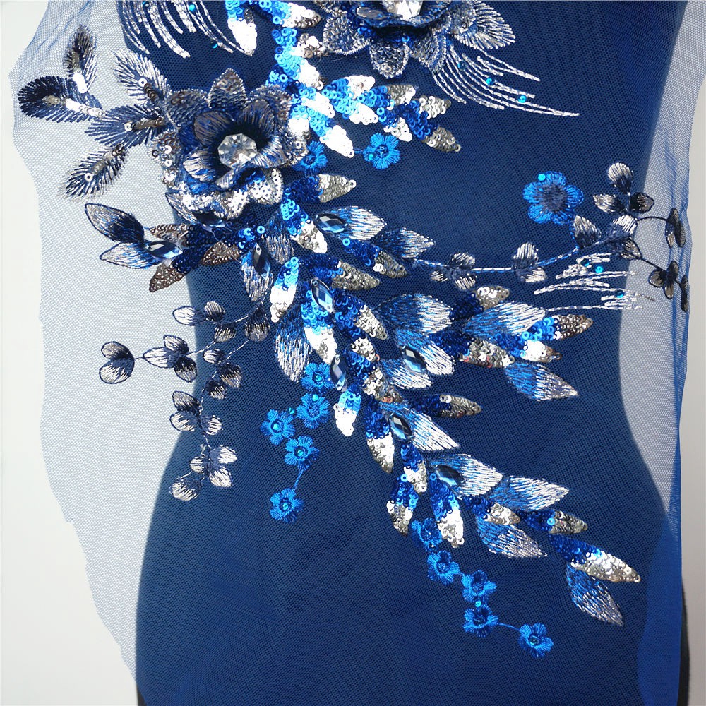 Miếng Vải Ren Thêu Hoa Đính Kim Sa Màu Xanh Dương Lớn Dùng May Vá Quần Áo / Trang Trí Váy Cưới