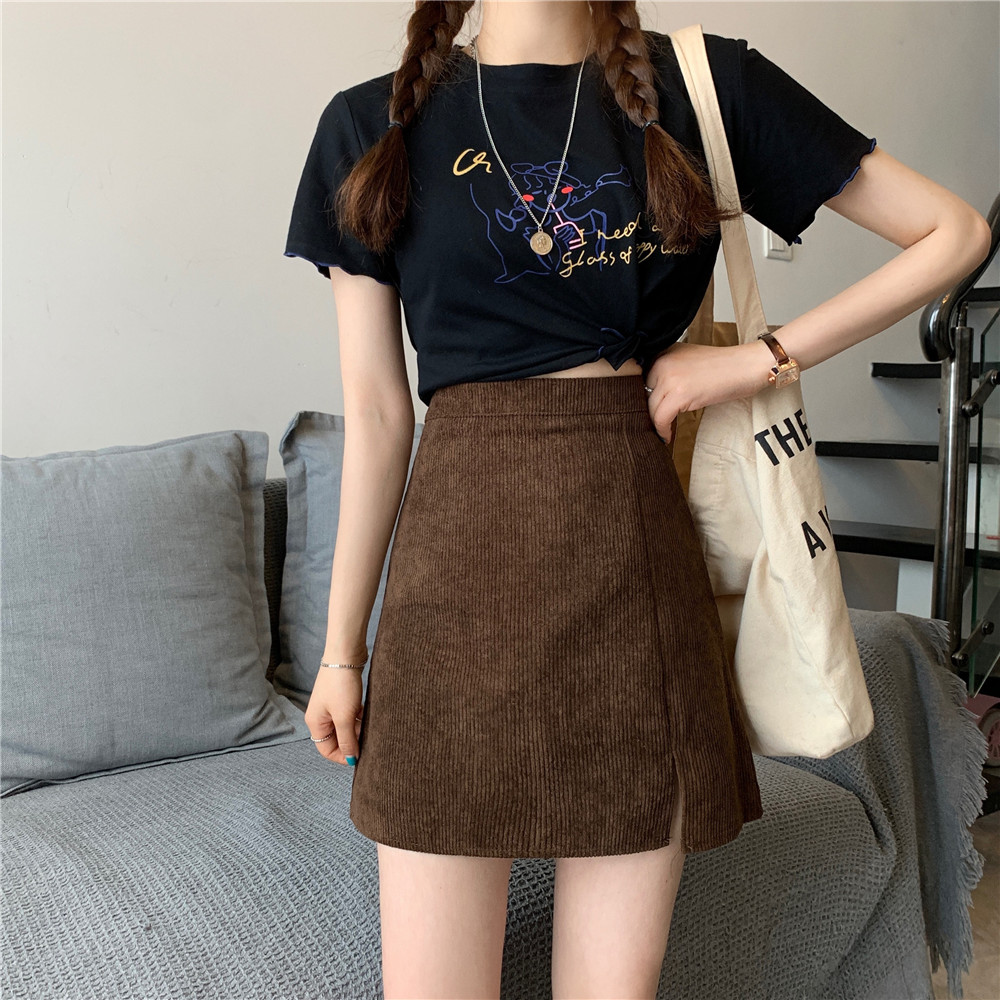 Chân váy chữ A vải nhung lưng cao phong cách Hàn Quốc retro cho nữ