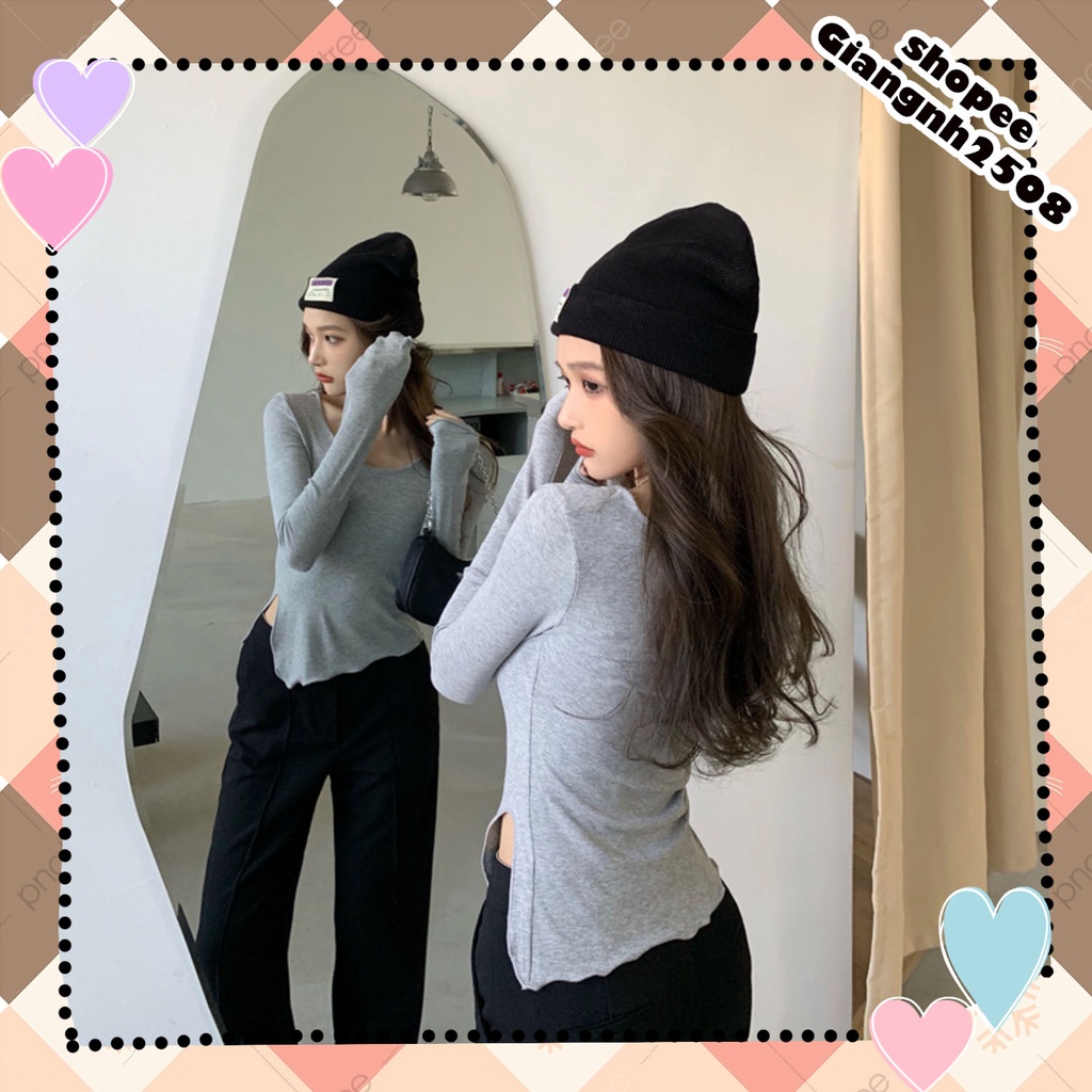 SUA001 Áo thun nữ mặc cổ thuyền hoặc bẹt vai ôm body sexy xẻ vạt lệch Áo phông xám đen trắng trơn dài tay đẹp tiểu thư