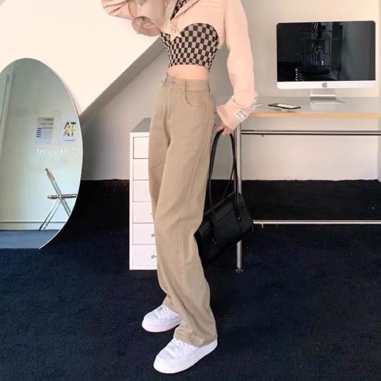 Quần jeans ống suông nâu sữa cạp cao siêu hack chân siêu tôn dáng | BigBuy360 - bigbuy360.vn