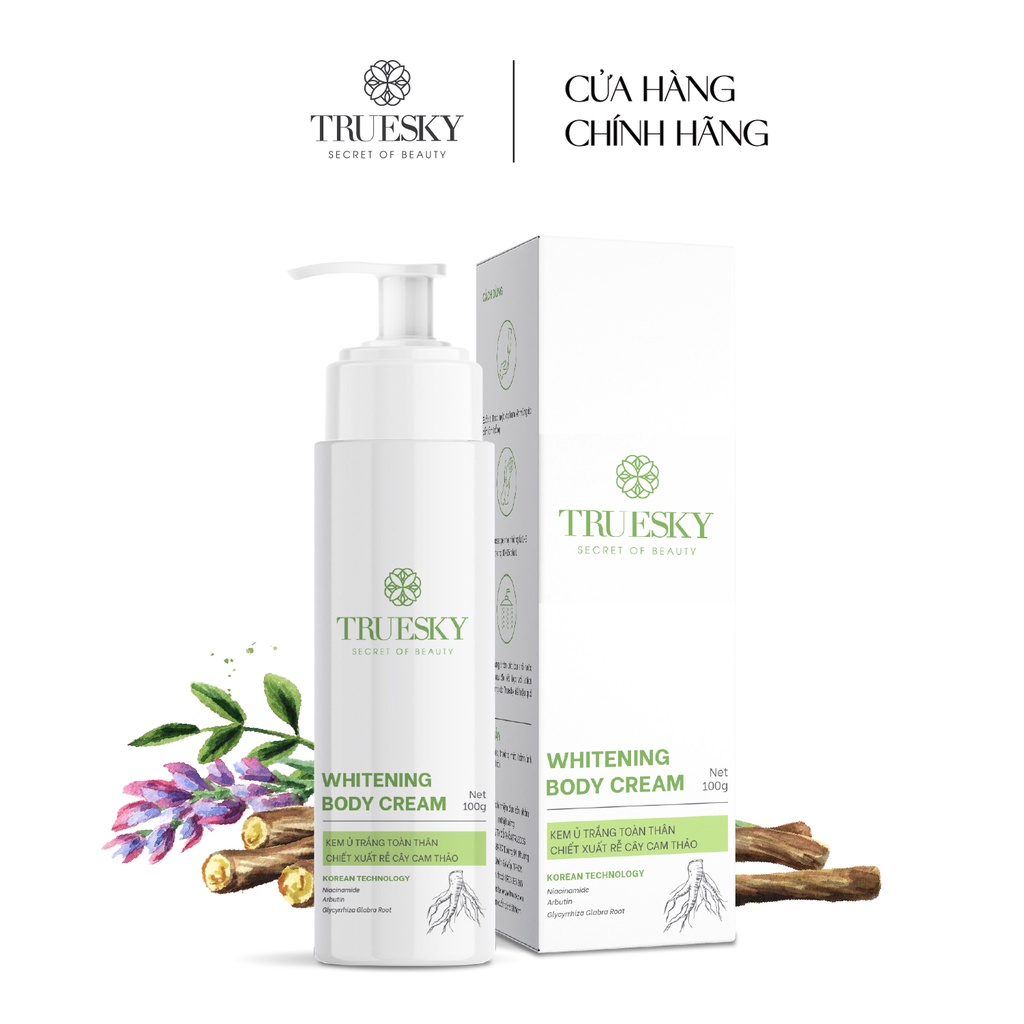 Bộ Truesky VIP04 gồm 1 gel rửa mặt 50g + 1 kem dưỡng trắng da mặt 20g + 1 kem ủ trắng 100g + 1 kem dưỡng trắng 100g