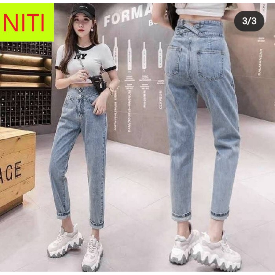 [ SIÊU ĐẸP KHỔNG LỒ!! ] QUẦN JEAN NỮ LƯNG CAO KIỂU QUẦN BAGGY JEAN NỮ LƯNG CAO MÀU XANH NHẠT NITI VẠT CHÉO SAU LƯNG