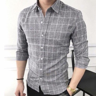 Áo sơ mi nam caro dài tay chất đũi Ghi Xám Kẻ Ca Rô chuẩn thiết kế Hàn Quốc phong cách