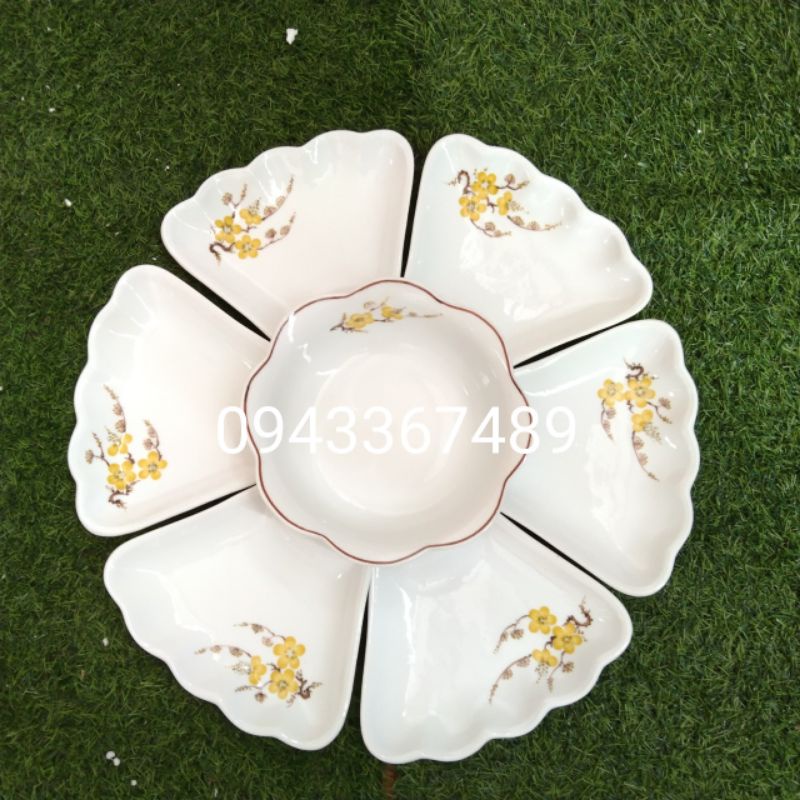 Bộ bát đĩa hoa mặt trời vẽ mai vàng, ĐK48cm.Cỡ vừa. Hàng sứ Bát Tràng