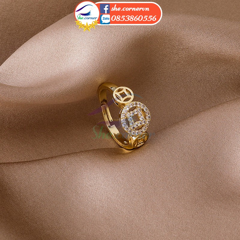 Nhẫn nữ Hàn Quốc đính đá 15661 Freesize hình đồng xu may mắn ánh vàng