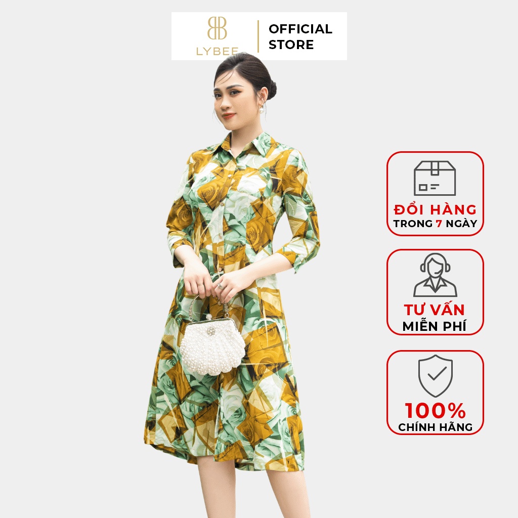 Đầm trung niên LYBEE thời trang thiết kế cho mẹ chất lụa mịn họa tiết hình học bắt mắt LV732